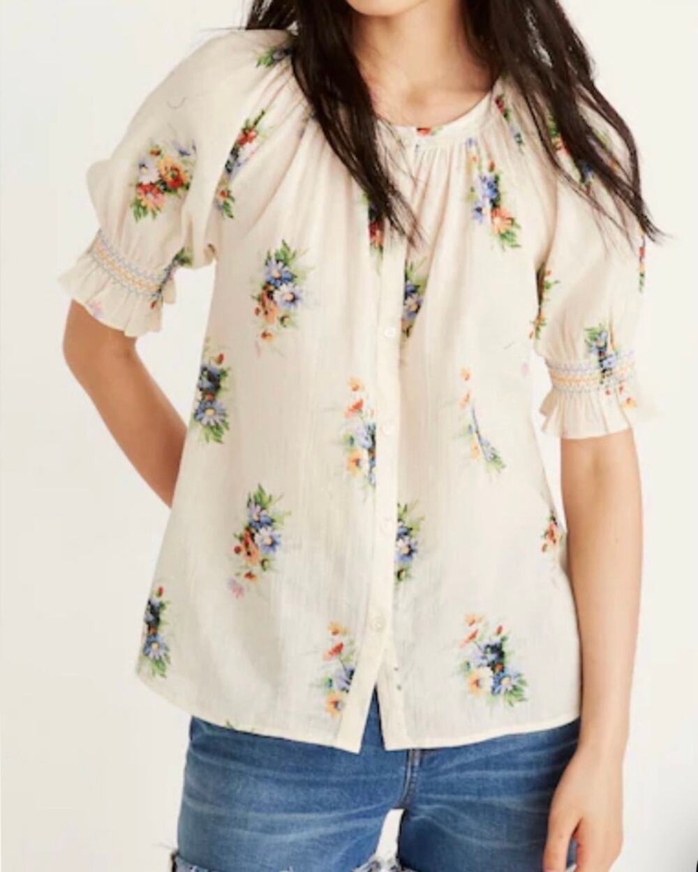 Madewell Smocked Sleeve Button Front Top Wildflower Floral Ivory S 100% cotton